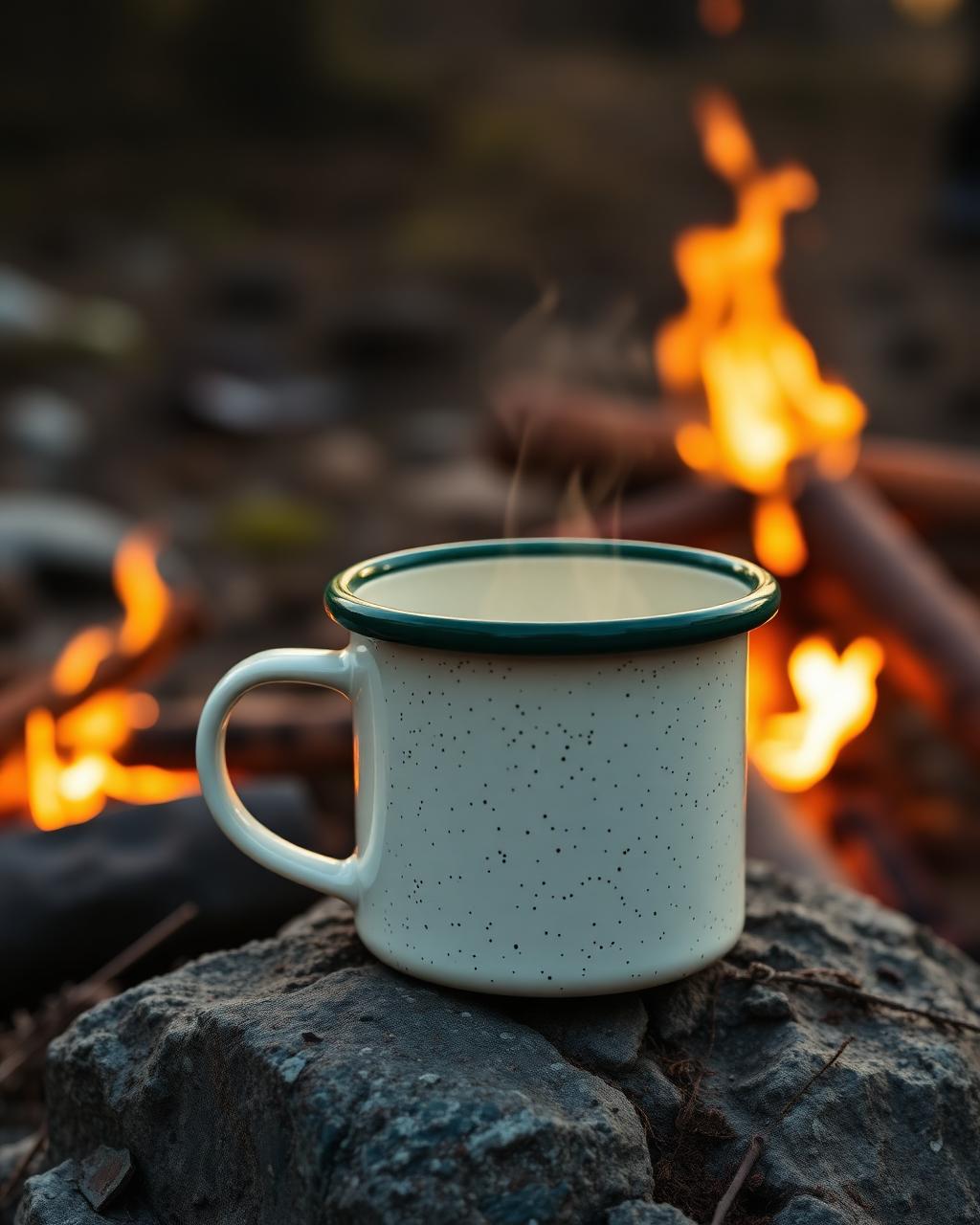 Enamel mug beside a morning campfire