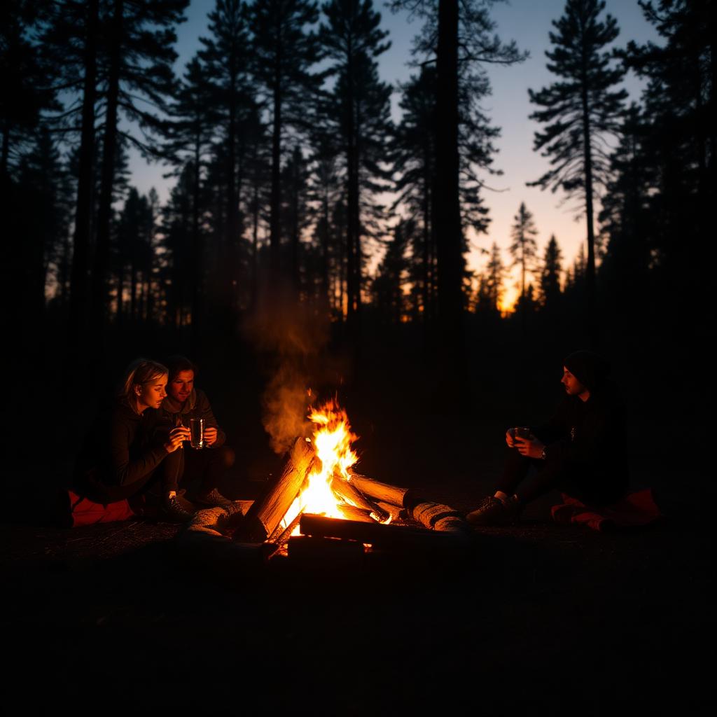 Friends around a campfire at dusk