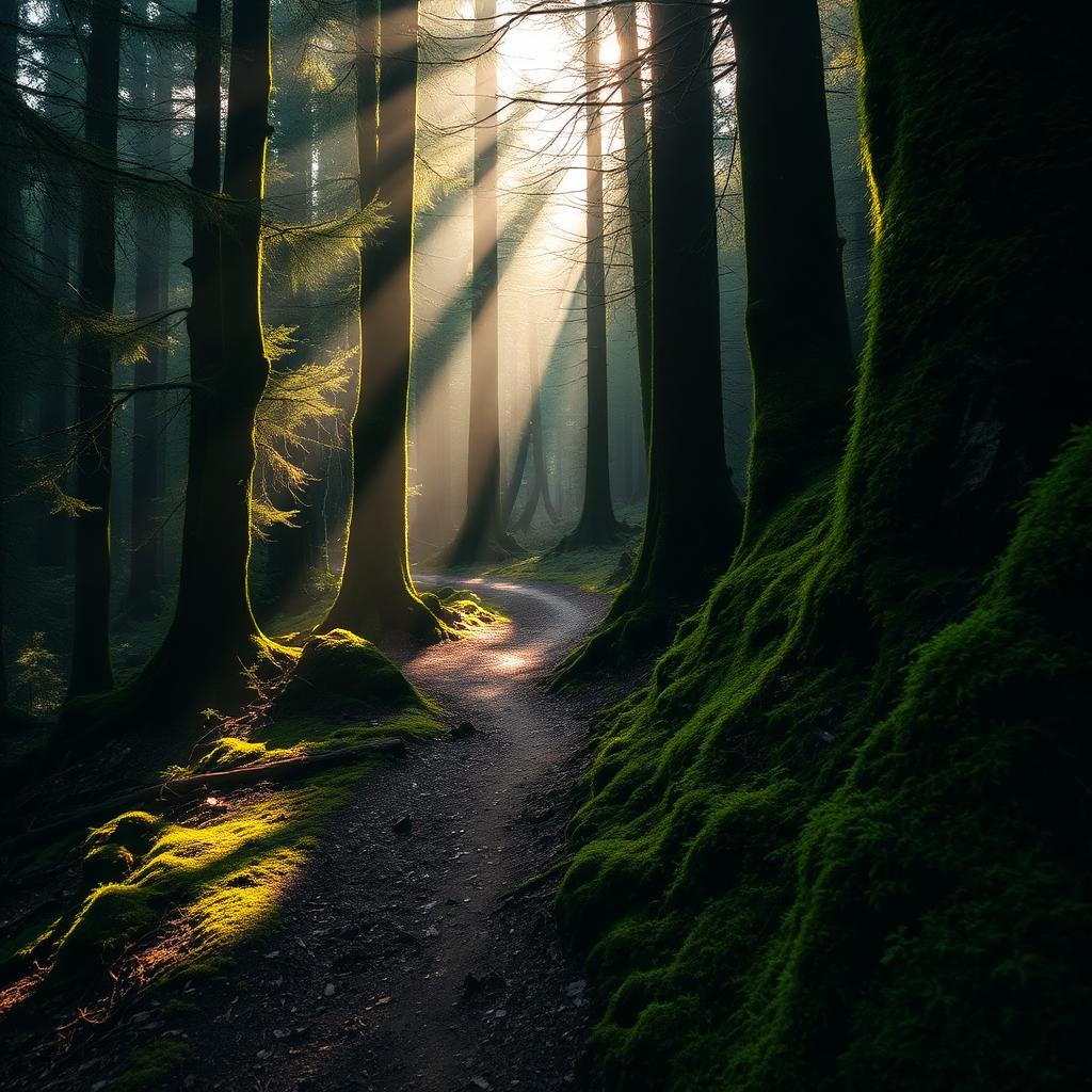 Sunlit trail through an old growth forest