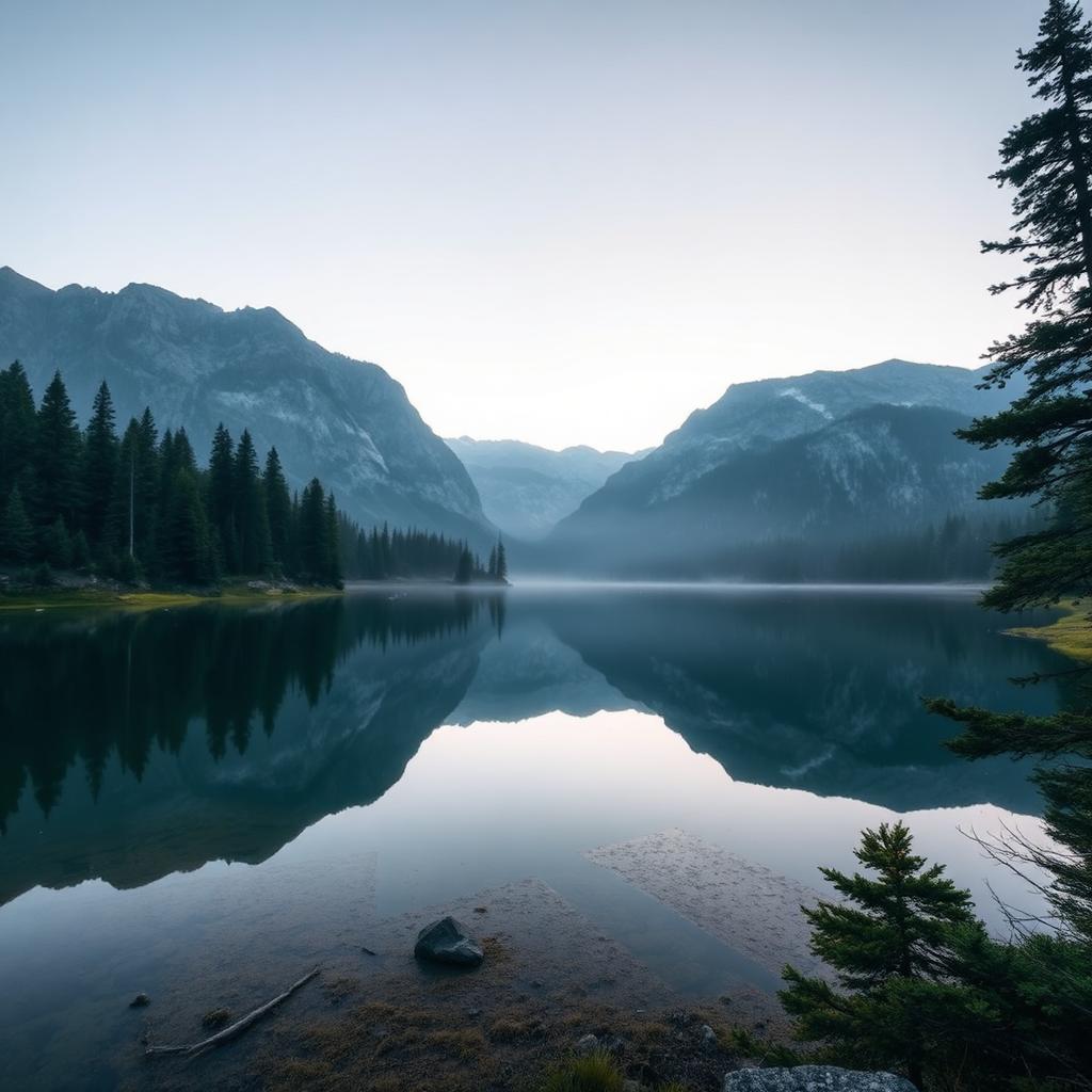 Alpine lake reflecting mountains at sunrise
