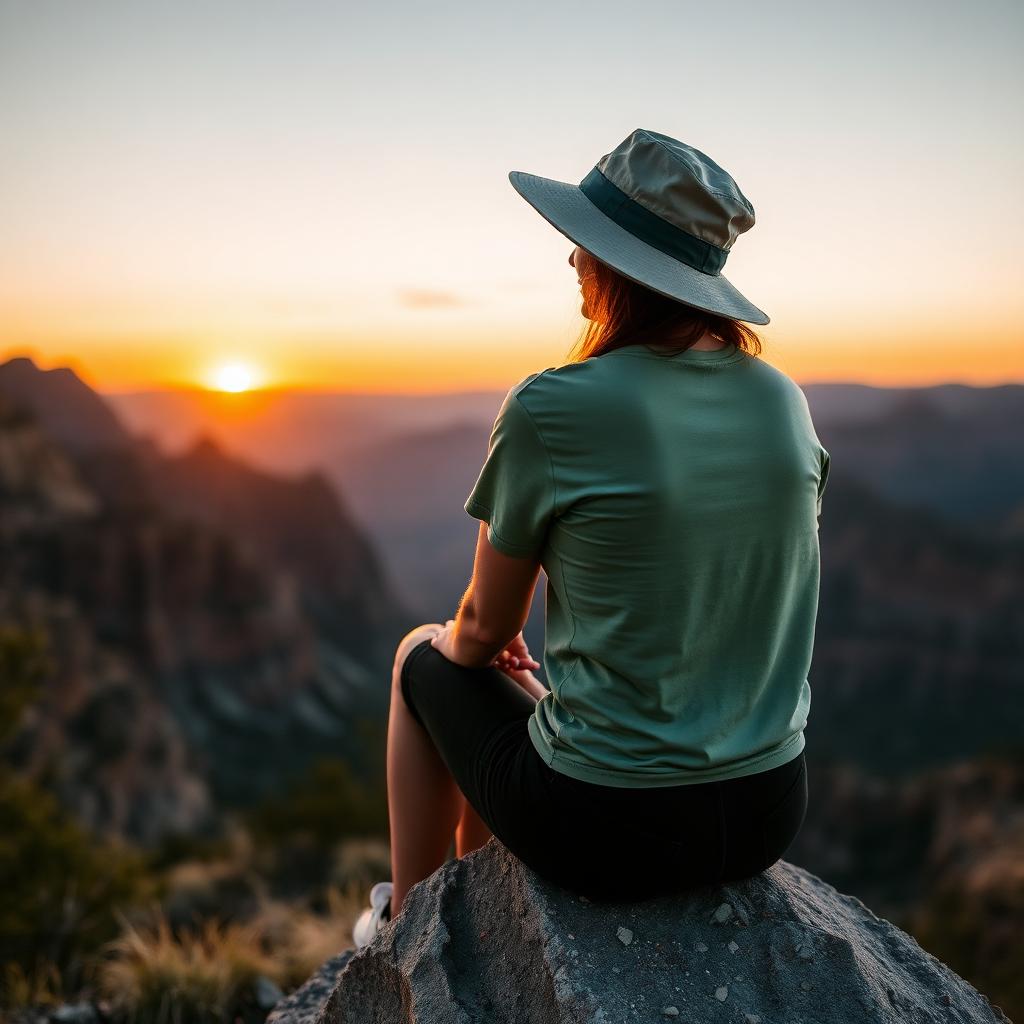 Hiker in Trail Turtle Club apparel resting at a canyon overlook at sunset
