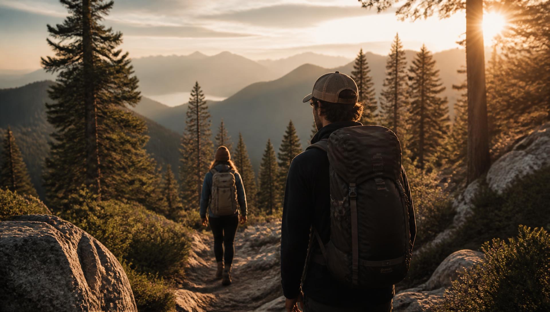 Two hikers walking a forest mountain trail at golden hour